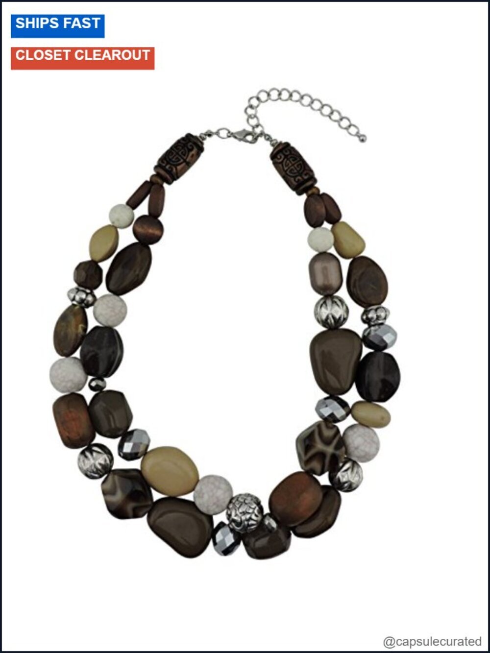 Boho Chunky Beaded 2 Layer Statement Necklace, Adjustable Collar Necklace